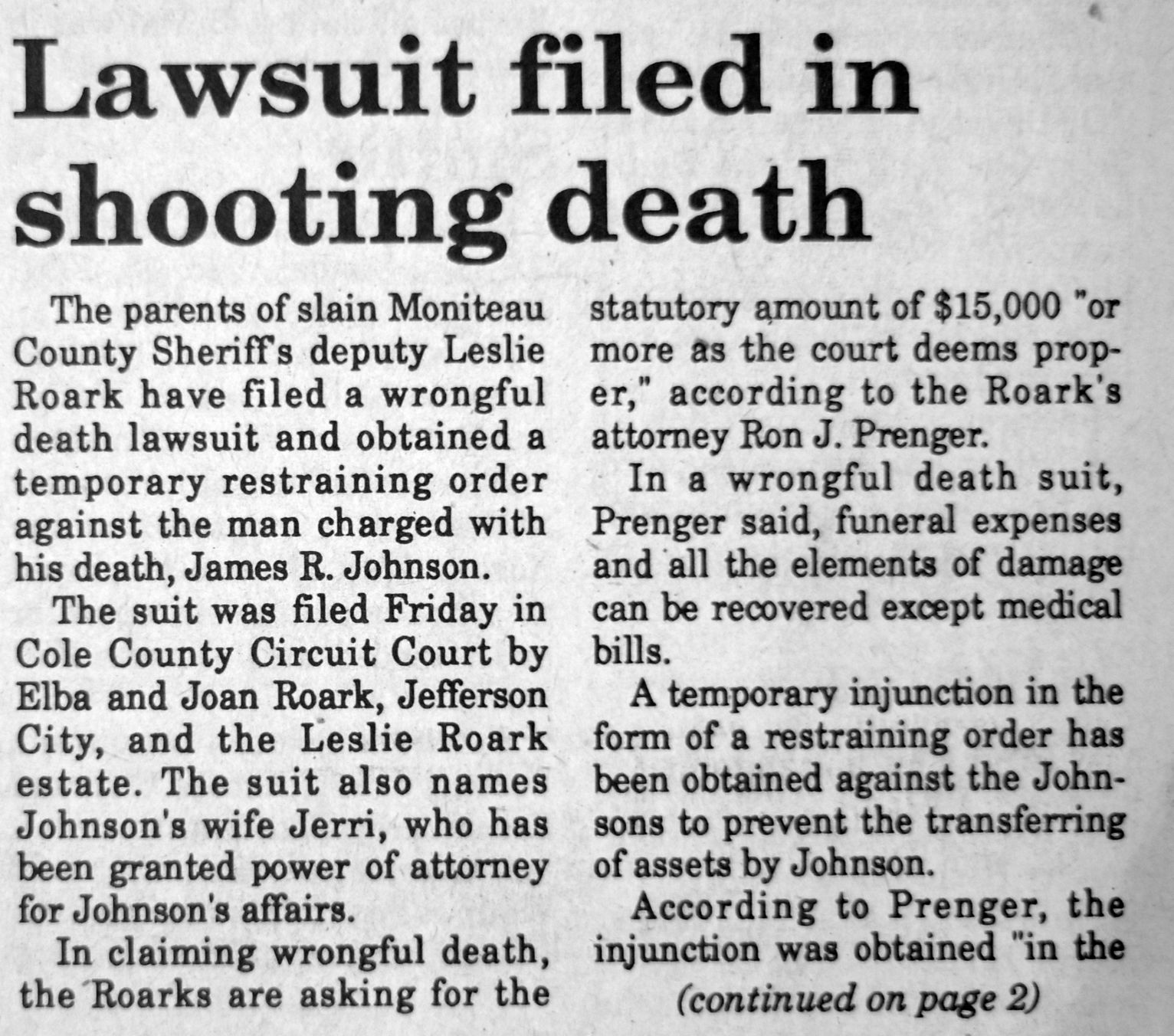 Lawsuit filed in shooting death news clipping
